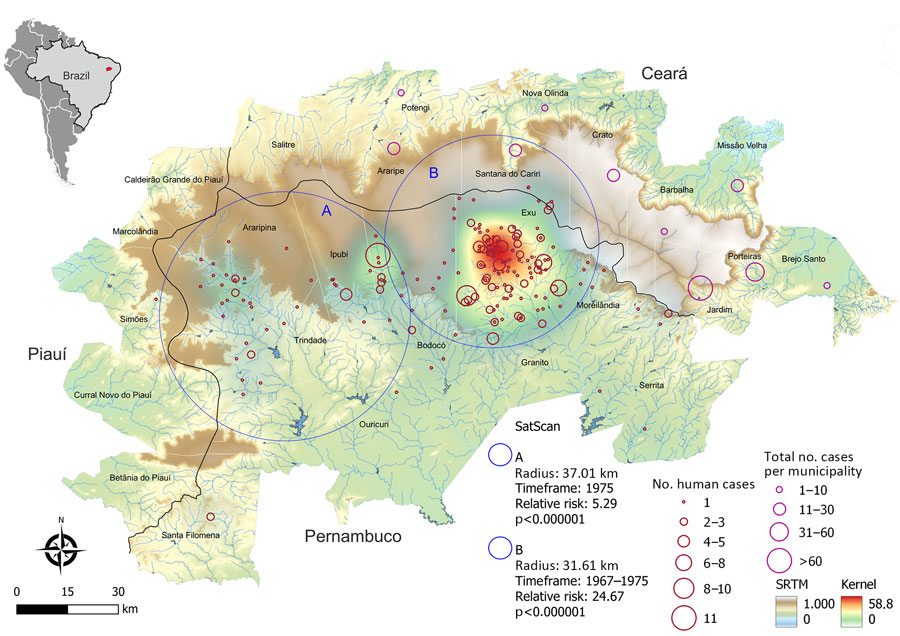 Spatial distribution and risk analysis of human plague cases in a study of ecologic, geoclimatic, and genomic factors modulating plague epidemics in primary natural focus, Brazil. Background colors show the altimetry (m) from SRTM. The black line shows the tri-state boundaries between Pernambuco, Ceará, and Piauí. Red circles identify plague risk areas by application of KDE in human cases in Pernambuco. Blue circles A and B indicate plague risk clusters calculated by SaTScan for 1975 (A) and 1967–1975 (B). Pink circles indicate spatial distribution of human plague cases by number of occurrences per municipality in Ceará. Inset map shows Brazil with the Araripe Plateau focus in red. KDE, kernel density estimation; SaTScan, space-time scan (https://www.satscan.org) statistics; SRMT, Shuttle Radar Topography Mission (https://www.earthdata.nasa.gov). 