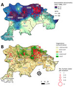 Spatial distribution of rainfall (pluviometry) and vegetation coverage in a study of ecologic, geoclimatic, and genomic factors modulating plague epidemics in primary natural focus, Brazil. A) Locations of human cases and interpolation of average pluviometry (1961–1980) in the Araripe Plateau municipalities of Pernambuco state. B) Locations of human cases and normalized difference vegetation index model showing vegetation concentrated in the slopes of the Araripe Plateau, overlapping the main rainfall and plague case areas. Images obtained by the Landsat 4 satellite in 1984.