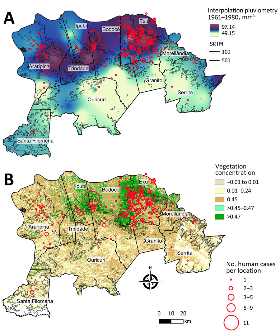 Spatial distribution of rainfall (pluviometry) and vegetation coverage in a study of ecologic, geoclimatic, and genomic factors modulating plague epidemics in primary natural focus, Brazil. A) Locations of human cases and interpolation of average pluviometry (1961–1980) in the Araripe Plateau municipalities of Pernambuco state. B) Locations of human cases and normalized difference vegetation index model showing vegetation concentrated in the slopes of the Araripe Plateau, overlapping the main rainfall and plague case areas. Images obtained by the Landsat 4 satellite in 1984.