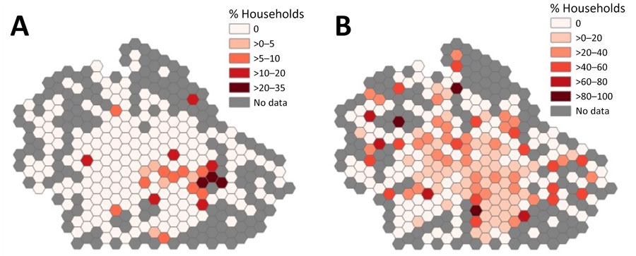 Canine Borrelia burgdorferi seroprevalence among surveyed households in Watauga County, North Carolina, USA, 2017–2021. Colored hexagons indicate the percentage of households with dogs positive for B. burgdorferi antibodies during 2017 (A) and 2021 (B). A total of 2,739 client households were included in the analysis. Seroprevalence was defined as the percentage of IDEXX SNAP 4DX Plus assay (IDEXX Laboratories, Inc., https://www.idexx.com) results that were positive for B. burgdorferi antibodies in dogs living within surveyed households. Lighter colors indicate areas with no or low canine B. burgdorferi seroprevalence; darker colors indicate areas with higher canine B. burgdorferi seroprevalence. Gray hexagons indicate areas with no household data. 