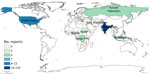 Geographic distribution of top 10 countries reporting unknown illnesses in humans, identified in study of global epidemiology of outbreaks of unknown cause identified by open-source intelligence, 2020–2022.