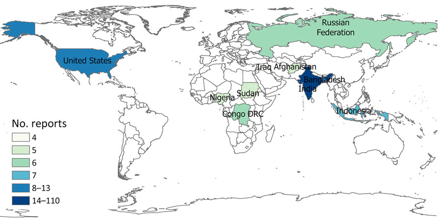 Geographic distribution of top 10 countries reporting unknown illnesses in humans, identified in study of global epidemiology of outbreaks of unknown cause identified by open-source intelligence, 2020–2022.