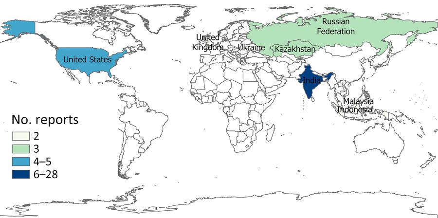 Geographic distribution of top 8 countries reporting unknown illnesses in animals, identified in study of global epidemiology of outbreaks of unknown cause identified by open-source intelligence, 2020–2022.