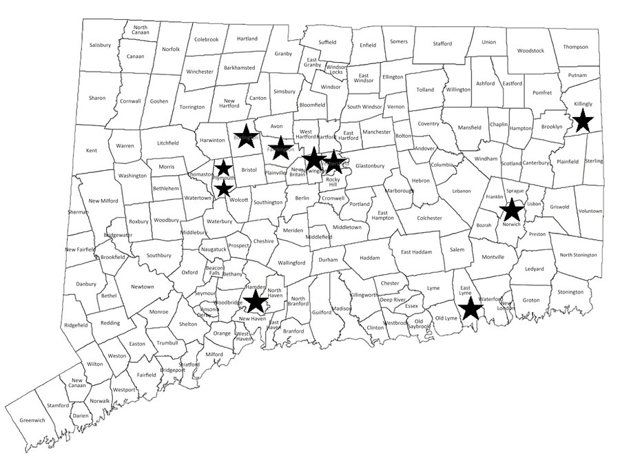 Towns of residence (stars) for 9 patients in Connecticut, USA, who had Mycobacterium nebraskense isolated during 2008–2023. 