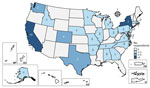 Map indicating numbers and locations of infectious disease physicians responding to survey regarding Bartonella quintana infection cases, United States, 2014–2024. US states and territories are indicated. The survey was sent to members of The Infectious Diseases Society of America’s Emerging Infections Network in 2024. AS, American Samoa; G, Guam; MP, Northern Marianis Islands; PR, Puerto Rico; VI, Virgin Islands.