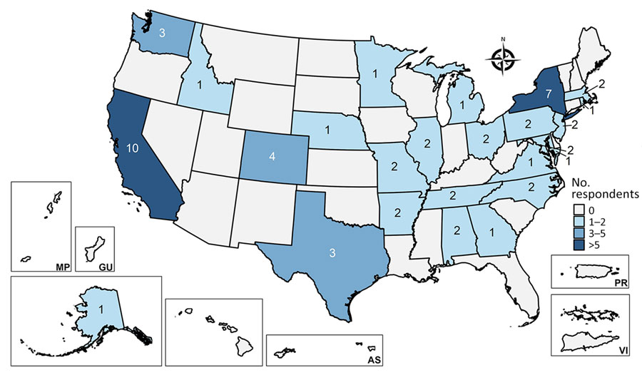 Map indicating numbers and locations of infectious disease physicians responding to survey regarding Bartonella quintana infection cases, United States, 2014–2024. US states and territories are indicated. The survey was sent to members of The Infectious Diseases Society of America’s Emerging Infections Network in 2024. AS, American Samoa; G, Guam; MP, Northern Marianis Islands; PR, Puerto Rico; VI, Virgin Islands.