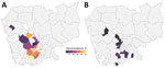 Spatial distributions of adjusted seroprevalence in a study of transmission of swine influenza A viruses along pig value chains, Cambodia, 2020–2022. Distribution by district of origin among commercial farms (A) and small-scale farms (B). Average seroprevalence was estimated for districts that had >2 batches of pigs from the same source sampled on the same day at a given slaughterhouse.