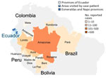 Provinces of Ecuador (light blue), including areas visited by a traveler from the United States who was infected with Iquitos virus (medium and dark blue); the provinces of Esmeraldas and Napo (dark blue) highlighted as areas of highest concern for contracting the virus. Surrounding provinces with confirmed Oropouche virus infection cases in Brazil, Colombia, Peru, and Bolivia are shown; shading indicates the number of reported cases, based on data from the Pan American Health Organization (5).