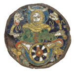 Roundel with a Personification of the Moon, ca. 860–890. This cloisonné-enamel plaque, made of copper alloy with an iron back plate, was created in south-central France, in the area of what is now Limoges. Dimensions: 3 3/8 x 1/4 in (8.6 x 0.6 cm). Public domain image courtesy of The Metropolitan Museum of Art (New York, NY, USA).