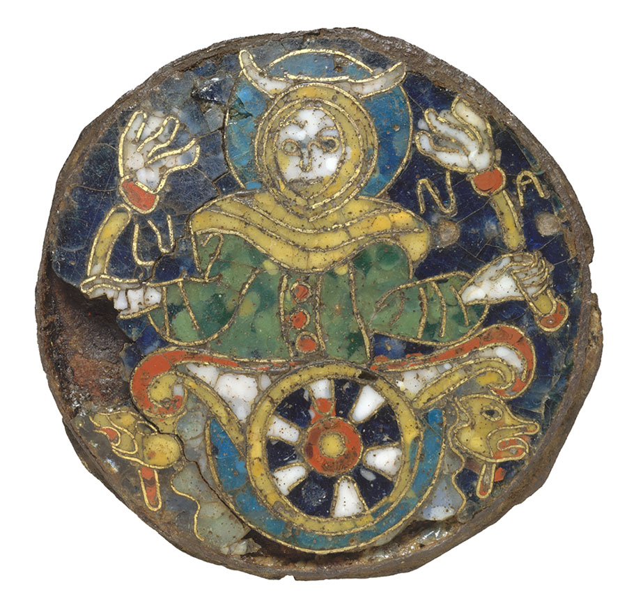 Figure. Roundel with a Personification of the Moon, ca. 860–890. This cloisonné-enamel plaque, made of copper alloy with an iron back plate, was created in south-central France, in the area of what is now Limoges. Dimensions: 3 3/8 x 1/4 in (8.6 x 0.6 cm). Public domain image courtesy of The Metropolitan Museum of Art (New York, NY, USA). Roundel with a Personification of the Moon, ca. 860–890. This cloisonné-enamel plaque, made of copper alloy with an iron back plate, was created in south-central France, in the area of what is now Limoges. Dimensions: 3 3/8 x 1/4 in (8.6 x 0.6 cm). Public domain image courtesy of The Metropolitan Museum of Art (New York, NY, USA).