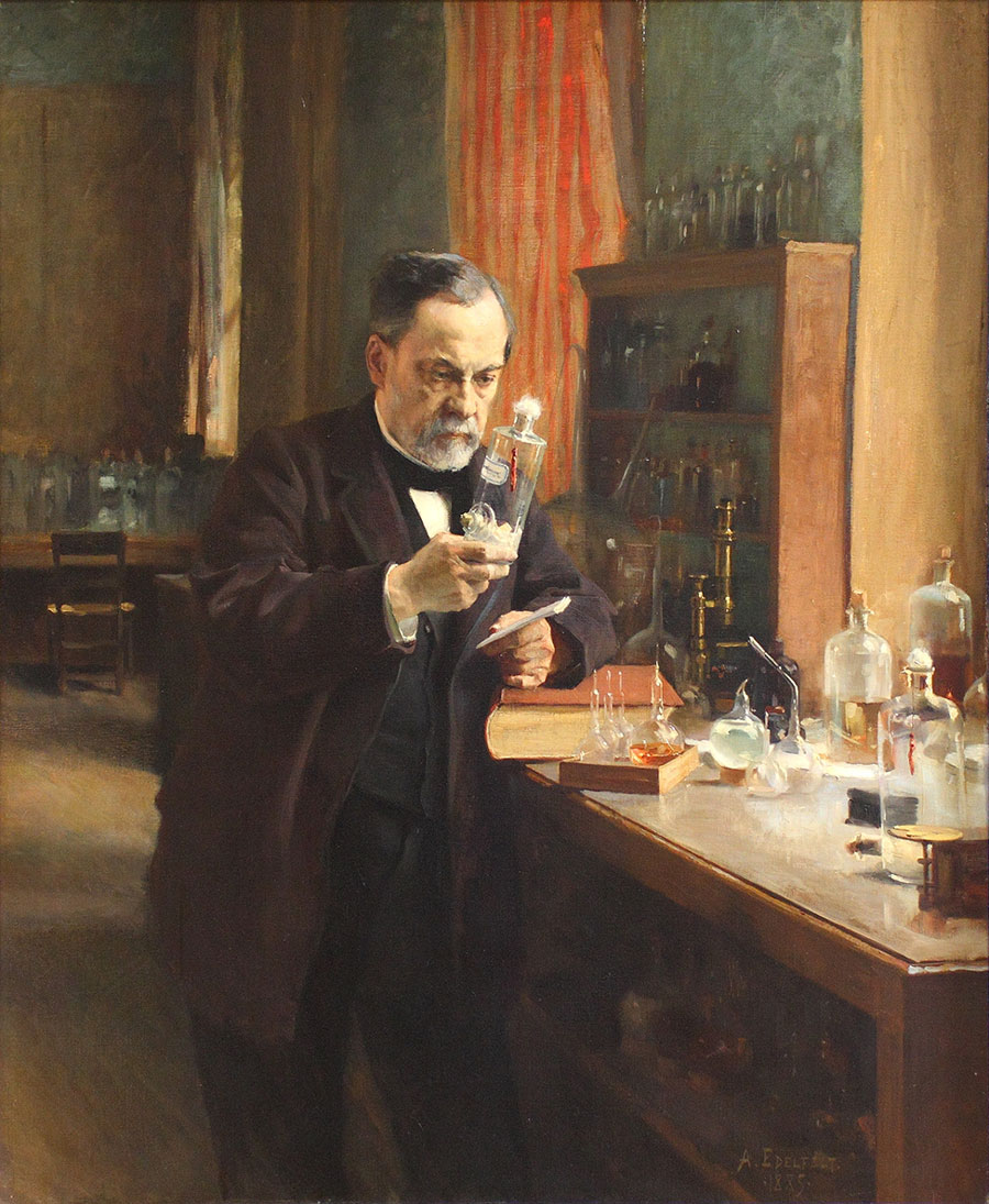 This 1885 painting by Albert Edelfelt (1854–1905), currently in the collection of the Musée d'Orsay (Paris, France), shows Louis Pasteur in his laboratory. Pasteur was an accomplished artist, and examples of his artwork, done as early as age 15, are on display at the Pasteur Institute in Paris. Before pursuing his scientific career, Pasteur aspired to become an art teacher. Image source: Wikimedia Commons.