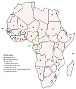 Geographic distribution of confirmed arbovirus cases reported across Africa, 2023.