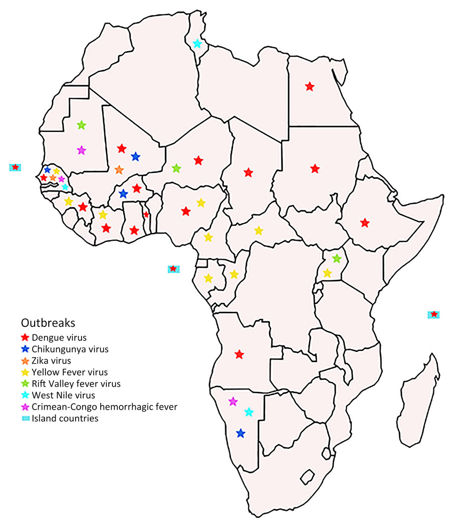 Geographic distribution of confirmed arbovirus cases reported across Africa, 2023.