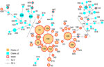 Minimum spanning tree based on sequence types (STs) and polymorphic membrane protein E (PmpE) of 298 Chlamydia trachomatis samples in study of clustering of specific PmpE clade in C. trachomatis lineages from MSM, Japan. Each node indicates the ST number. SLVs and DLVs are linked. Samples from MSM are outlined in red, reflecting the proportion of samples in each node. The PmpE clades p1 and p2 are colored using the same color codes as those used in Figure 2. Dashed lines are the assumed borders between the MSM and non-MSM lineages. DLV, double-locus variant; MSM, men who have sex with men; SLV, single-locus variant.