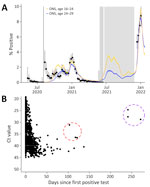 Infection dynamics in the English Premier League testing program for SARS-CoV-2, 2020–2022. A) Weekly PCR test positivity. Dots indicate infections; error bars indicate 95% CIs. Colored lines show inferred mean prevalence in the UK ONS Community Infection Survey. Gray shading shows period where the testing protocol was based on a rapid antigen test, with subsequent confirmatory PCR; hence, PCR positivity is not comparable because sampling was nonrandom. B) Distribution of individual Ct values over time since first positive test. Dashed circles indicate estimated reinfections: orange represents Alpha wave, in which 1 person was reinfected, as determined from 3 samples; purple represents Delta wave, in which samples indicate that 3 persons were reinfected. Ct, cycle threshold; ONS, Office for National Statistics.