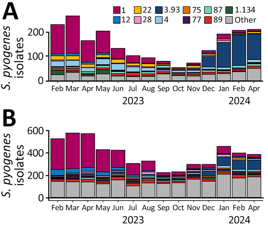 Absolute number of Streptococcus pyogenes isolates recovered from patients with invasive group A Streptococcus, by emm type and month, February 1, 2023–March 31, 2024. A) The Netherlands; B) England. 