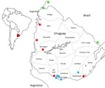 Location of samples analyzed in investigation of equine encephalomyelitis outbreak in Uruguay, 2023–2024. Red dots indicate equine Western equine encephalomyelitis virus cases in Uruguay. Green dots represent sequences retrieved from GenBank that correspond with equine Western equine encephalomyelitis virus cases from Rio Grande do Sul, Brazil. Blue dots represent human cases. Inset map shows location of Uruguay in South America.