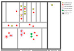 Usual work location of employees with confirmed and probable legionellosis according to shift and proximity to water jet cutters at a manufacturing facility in South Carolina, USA, 2022. Stars without circles indicate first shift workers. Facility is ≈1 × 106 square feet with a ceiling height of 40 feet. Rooftop cooling tower is the primary source of cooling for the building, and air is circulated with industrial ceiling fans throughout the facility. Air flow studies were not performed. Patients reported working in various locations during the 14 days before illness onset. Facility is open-air with 1 interior wall separating the office space from the manufacturing side. Gray lines indicate production lines. Work location information was missing for 8 patients because of investigator inability to identify the location on the map, the employee reported moving throughout the facility, or inability to collect the information from either the employee or company management. Floor scrubbers are not shown because they were used throughout the facility.