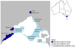 Geographic areas in Greater Melbourne and Bellarine region, Australia, highlighting new (Inner Melbourne, Geelong and Surf Coast), established (Mornington Peninsula, Bellarine Peninsula, South East Bayside, Frankston region, Philip Island), and non–BU-endemic areas, 2017–2022. Not shown: East Gippsland BU-endemic area, which is to the east of the state. BU, Buruli ulcer.