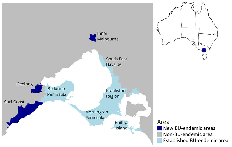 Geographic areas in Greater Melbourne and Bellarine region, Australia, highlighting new (Inner Melbourne, Geelong and Surf Coast), established (Mornington Peninsula, Bellarine Peninsula, South East Bayside, Frankston region, Philip Island), and non–BU-endemic areas, 2017–2022. Not shown: East Gippsland BU-endemic area, which is to the east of the state. BU, Buruli ulcer.