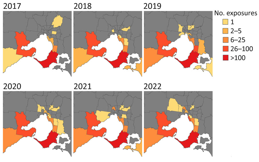 Change in Buruli ulcer primary exposures areas in Greater Melbourne and Bellarine region over time by local government area, Victoria, Australia, 2017–2022.