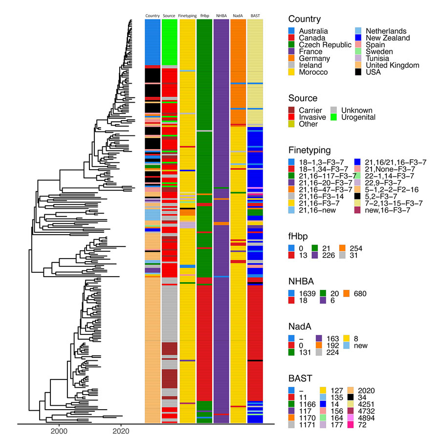 Timed maximum-likelihood phylogeny showing finetyping of Neisseria meningitidis serogroup Y ST1466 isolates from Australia and the United States compared with isolates from other countries. Associated metadata shown to the right of the tree are country of origin; source; finetyping profile; virulence profiles for fHbp, NHBA, NadA allele types; and overall BAST sequence typing result. Dashes indicate insufficient or incomplete data. BAST, Bexsero Antigen Sequence Typing.