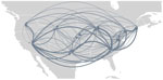 SARS-CoV-2 Omicron BA.5 movements between regions within the United States from study of BA.5 emergence during January–June 2022. Thickness of the lines indicates the prevalence of the movement across the maximum clade credibility tree; arrows indicate direction of introduction. 