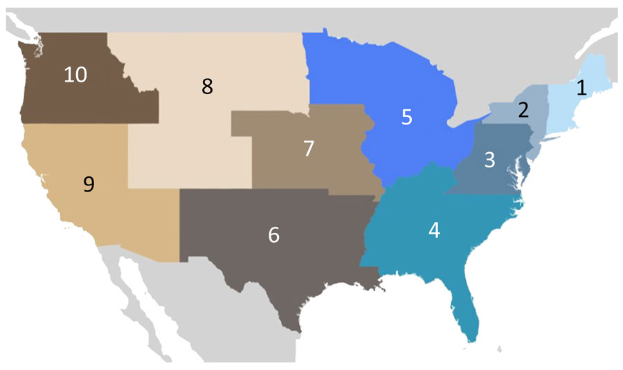 Ten regions of the United States evaluated in large-scale genomic analysis of SARS-CoV-2 Omicron BA.5 emergence. Regions have been designated by the US Department of Health and Human Services (https://www.hhs.gov/about/agencies/regional-offices/index.html).