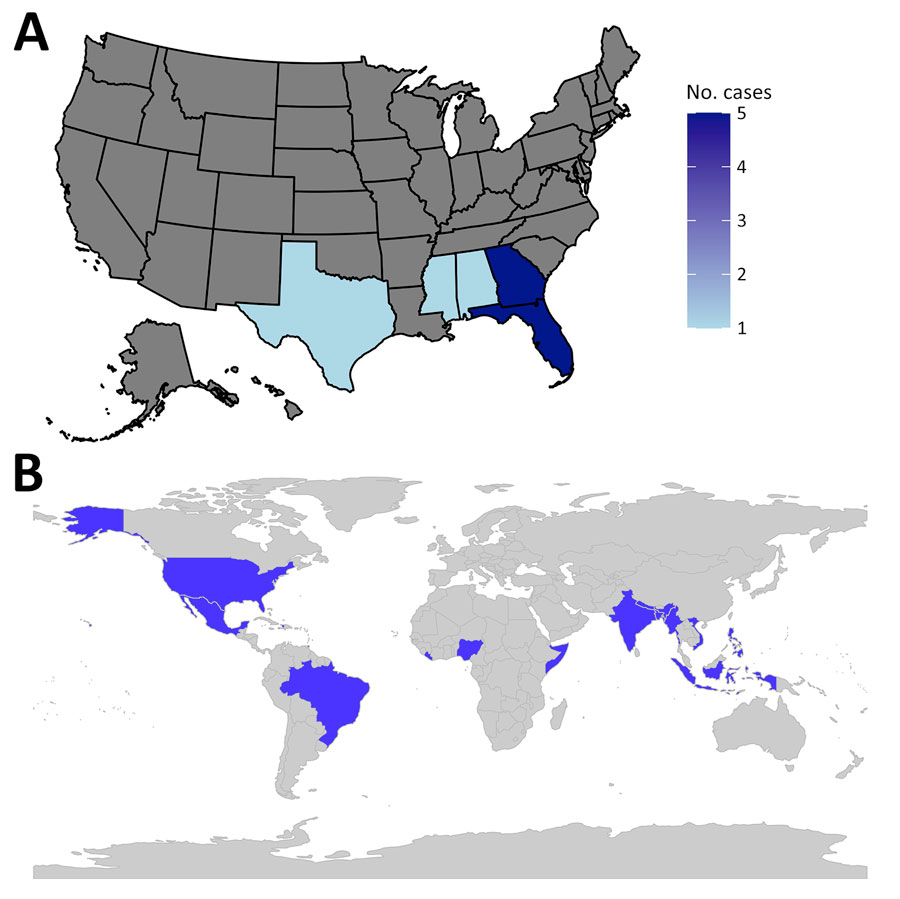 States of residence and countries of origin for patients in study of environmental exposures of suspected locally acquired Hansen disease, United States. A) Primary states of residence for 13 local case-patients (7 surveyed as part of study, 6 from chart review). B) Countries of origin for 55 patients included in chart review (13 presumed local, including 7 surveyed; 42 immigrant).