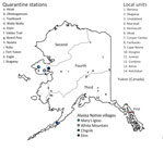 Locations of Judicial Districts, quarantine stations, native villages, and local units included in study of the role of nonpharmaceutical interventions during 1918–1920 influenza pandemic, Alaska, USA. Quarantine stations were located along the Iditarod, Valdez, Yukon, Innoko River, and Fairbanks Trails at Elam, Akiak, Okiekogamute, Tooliksack, Walla Walla, Piledriver, Board Pass, Nulato, Ruby, Fort Yukon, Eagle, and Skagway. This study includes data from Cape Nome, Douglas, Juneau (territorial headquarters; denoted by red star), Cordova, Kenai, Ketchikan, Nenana, Skagway, Unalakleet, Marshall, Kennecott, Akiak, Copper Center, and Fairbanks.