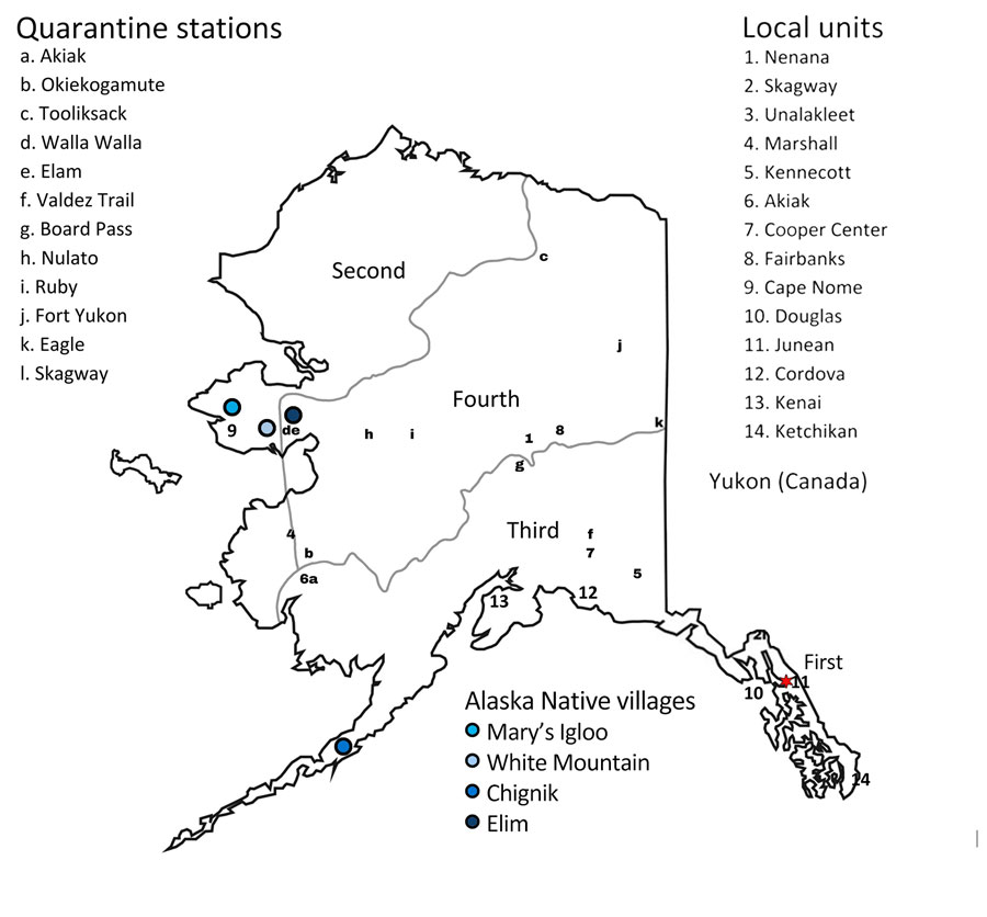 Locations of Judicial Districts, quarantine stations, native villages, and local units included in study of the role of nonpharmaceutical interventions during 1918–1920 influenza pandemic, Alaska, USA. Quarantine stations were located along the Iditarod, Valdez, Yukon, Innoko River, and Fairbanks Trails at Elam, Akiak, Okiekogamute, Tooliksack, Walla Walla, Piledriver, Board Pass, Nulato, Ruby, Fort Yukon, Eagle, and Skagway. This study includes data from Cape Nome, Douglas, Juneau (territorial headquarters; denoted by red star), Cordova, Kenai, Ketchikan, Nenana, Skagway, Unalakleet, Marshall, Kennecott, Akiak, Copper Center, and Fairbanks.