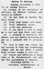 News clipping used in study of the role of nonpharmaceutical interventions during 1918–1920 influenza pandemic, Alaska, USA. This clipping from The Alaska Daily Empire, Juneau, dated November 7, 1918, is an example of nonpharmaceutical interventions imposed by the territorial government against Alaska Natives. A potlatch is an Alaska Native festival mostly celebrated in southeastern Alaska. Source: Library of Congress.