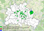 Locations of trapped rats tested in study of SARS-CoV-2 and other coronaviruses in rats, Berlin, Germany, 2023. Numbers indicate numbers of rats tested in each location. Overlay map of Berlin, in which the circles were printed, was retrieved from Geoportal Berlin, dataset Geoportal Berlin/Ortsteile von Berlin (https://daten.odis-berlin.de/de/dataset/ortsteile), data license Germany–attribution–Version 2.0 (https://www.govdata.de/dl-de/by-2-0). Map of the area surrounding Berlin was created by using OpenStreetMap (https://www.openstreetmap.org). RT-PCR, reverse transcription PCR.