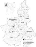 Municipalities of the Piedmont Region where hedgehogs were sampled in study of detection and genomic characterization of novel mammarenavirus in European hedgehogs, Italy. Inset shows location of Piedmont Region within Italy. CANC, Centro Animali Non Convenzionali.