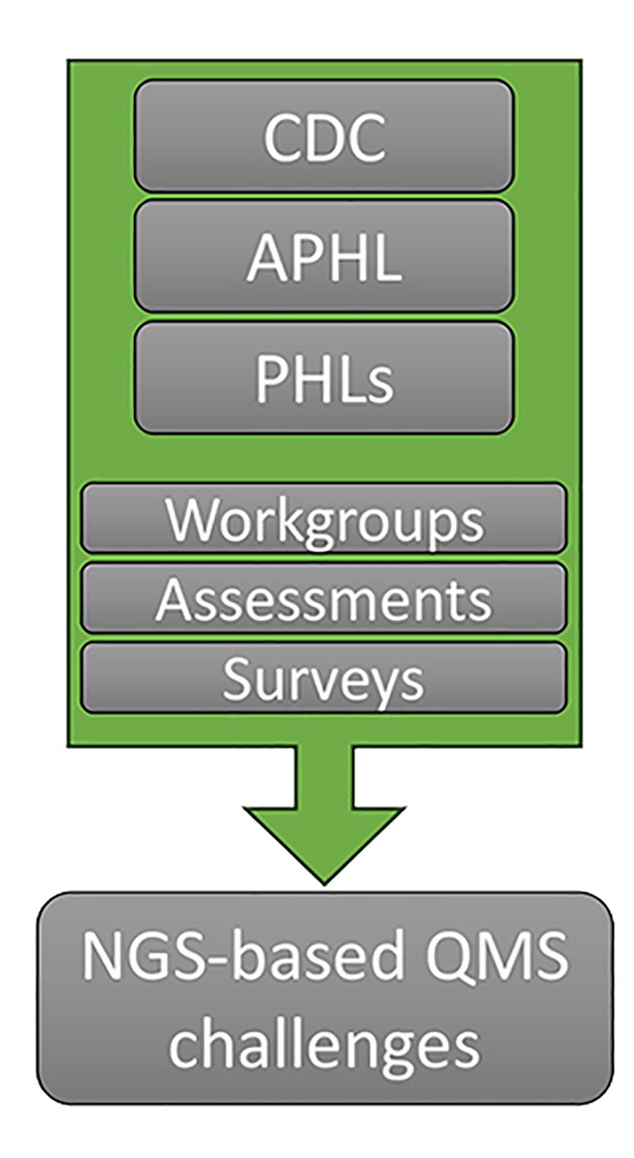 Partners and aim of the Next-Generation Sequencing Quality Initiative. Partners collaborate to identify and address NGS-specific challenges through development of a QMS. APHL, Association of Public Health Laboratories; CDC, Centers for Disease Control and Prevention; NGS, next-generation sequencing; PHL, public health laboratories; QMS, quality management system.