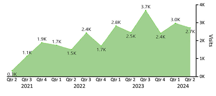 Trends in visits to the Next-Generation Sequencing Quality Initiative website (https://www.cdc.gov/lab-quality/php/ngs-quality-initiative/qms-tools-resources.html), by quarter, 2021–2024.