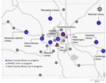 Locations for SARS-CoV-2 genomic surveillance from community-distributed rapid antigen tests, Wisconsin, USA. Nine of the South Central Library System libraries and 2 PHMDC sites distributed research packets and SARS-CoV-2 rapid antigen tests to patrons. Willing participants could send their positive tests to the AIDS Vaccine Research Laboratory, University of Wisconsin–Madison (Madison, WI, USA), for sequencing. PHMDC, Public Health Madison Dane County.