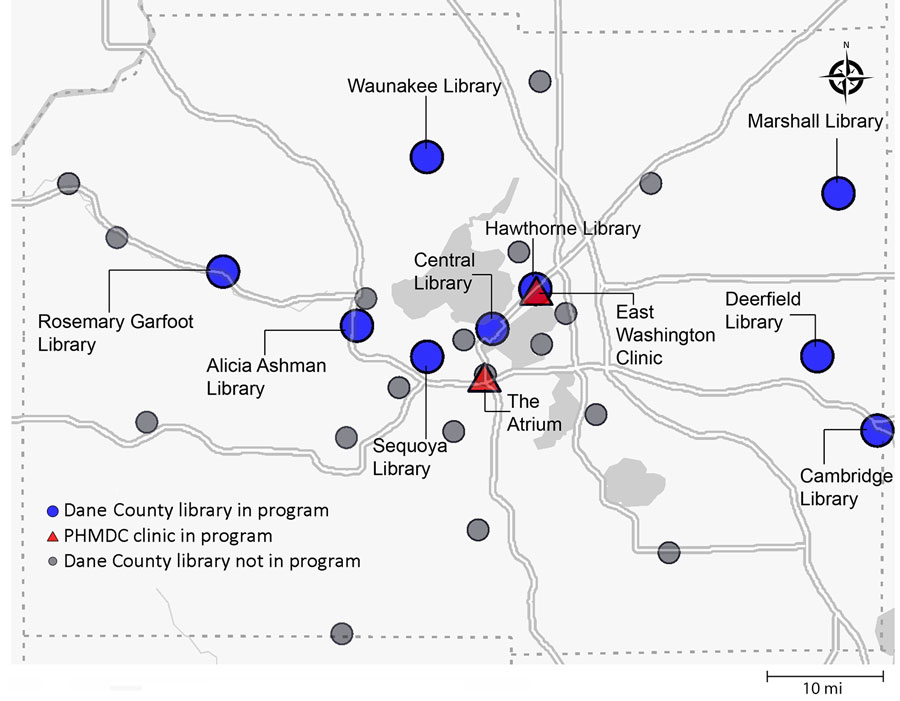 Locations for SARS-CoV-2 genomic surveillance from community-distributed rapid antigen tests, Wisconsin, USA. Nine of the South Central Library System libraries and 2 PHMDC sites distributed research packets and SARS-CoV-2 rapid antigen tests to patrons. Willing participants could send their positive tests to the AIDS Vaccine Research Laboratory, University of Wisconsin–Madison (Madison, WI, USA), for sequencing. PHMDC, Public Health Madison Dane County.