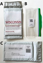 Research packets distributed for SARS-CoV-2 genomic surveillance from community-distributed rapid antigen tests, Wisconsin, USA. A) Envelope and instructions; B) zip-top bag included in packet with quick response (QR) code; C) return address label. Research packets were attached to SARS-CoV-2 rapid antigen test boxes, enabling participants to send their positive tests to the laboratory through the US Postal Service. A folded flyer (A), attached to an envelope, explained in both English and Spanish the goal of the study and how to participate. Participants scanned the QR code inside the included zip-top bag (B) to document the date and location of their rapid antigen test, then sealed their test strip inside. The location of the scanned QR code was immediately converted to the census block group of the scan and stored in a secure database. Participants returned test strips in the provided envelope, which had a business-reply shipping label (C), enabling participants to mail to our laboratory from any post office drop box.