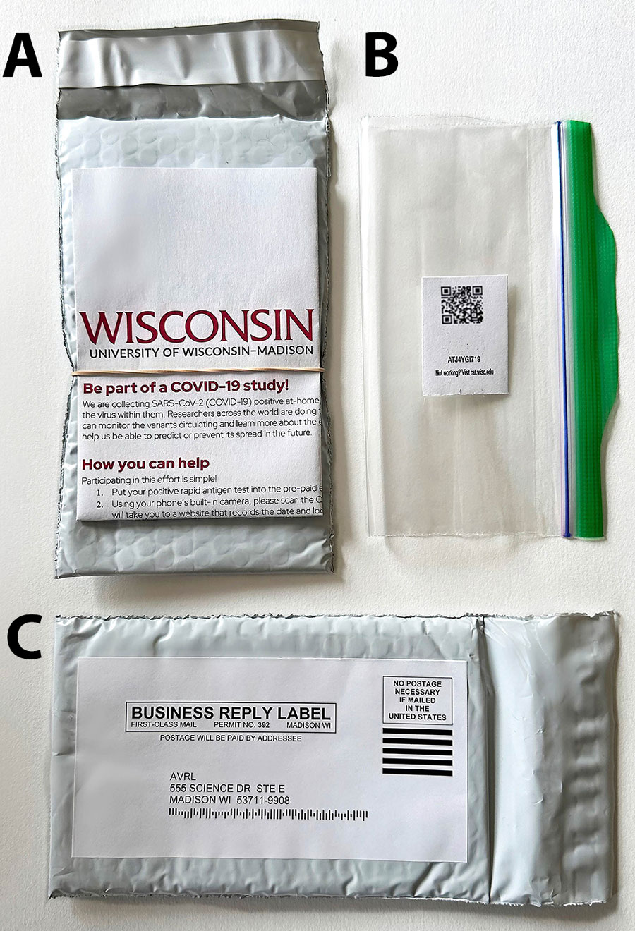Research packets distributed for SARS-CoV-2 genomic surveillance from community-distributed rapid antigen tests, Wisconsin, USA. A) Envelope and instructions; B) zip-top bag included in packet with quick response (QR) code; C) return address label. Research packets were attached to SARS-CoV-2 rapid antigen test boxes, enabling participants to send their positive tests to the laboratory through the US Postal Service. A folded flyer (A), attached to an envelope, explained in both English and Spanish the goal of the study and how to participate. Participants scanned the QR code inside the included zip-top bag (B) to document the date and location of their rapid antigen test, then sealed their test strip inside. The location of the scanned QR code was immediately converted to the census block group of the scan and stored in a secure database. Participants returned test strips in the provided envelope, which had a business-reply shipping label (C), enabling participants to mail to our laboratory from any post office drop box.