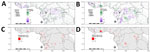 Change in estimated spillover RORs in 2022 compared with 2021 from a predictive model for estimating annual Ebolavirus spillover potential. A, B) RORs for spillover in 2022 in the multispecies (A) and ZEBOV-only (B) models. C, D) Top 1% RORs in multispecies (C) and ZEBOV-only (D) models, highlighting top 1% of prediction cells with 1-year increases in spillover ROR estimates between 2021 and 2022. Multispecies model combined BDBV, SUDV, and ZEBOV. RORs were calculated by using the estimated odds of Ebolavirus spillover divided by the average estimate across the entire study area. BDBV, Bundibugyo ebolavirus; ROR, relative odds ratio; SUDV, Sudan ebolavirus; ZEBOV, Zaire ebolavirus.