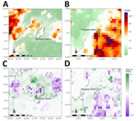 Heatmaps of predictions and RORs from a predictive model for estimating annual Ebolavirus spillover potential. A, B) Estimated RORs for spillover in Mubende, Uganda (A), and Mbadanka, Democratic Republic of the Congo (B). C, D) Ratios of RORs from 2022 relative to those from 2021 for Mubende, Uganda (C), and Mbadanka, DRC (D). ROR, relative odds ratio.