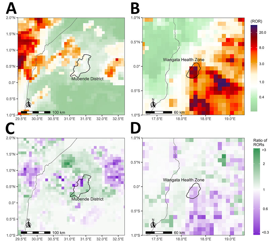 Heatmaps of predictions and RORs from a predictive model for estimating annual Ebolavirus spillover potential. A, B) Estimated RORs for spillover in Mubende, Uganda (A), and Mbadanka, Democratic Republic of the Congo (B). C, D) Ratios of RORs from 2022 relative to those from 2021 for Mubende, Uganda (C), and Mbadanka, DRC (D). ROR, relative odds ratio.