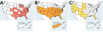 Distribution of biting midge and mosquito vectors in the United States and select territories based on field observations and modelling in study of reemergence of Oropouche virus in the Americas, 2024. (A) Culicoides paraensis biting midge; (B) Culex quinquefasciatus mosquito; (C) Culicoides sonorensis biting midge. Presence of vectors in a jurisdiction does not imply uniform distribution throughout an entire geographic area. A zone exists where Cx. quinquefasciatus mosquito hybridizes with other Culex species; this zone is not accounted for in the map because no vector competence studies for Oropouche virus for those species have been conducted. USVI, US Virgin Islands.