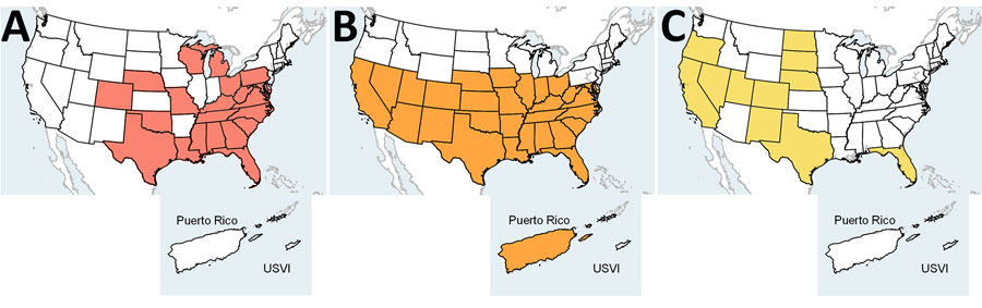 Distribution of biting midge and mosquito vectors in the United States and select territories based on field observations and modelling in study of reemergence of Oropouche virus in the Americas, 2024. Possible vectors are presented in order of evidence for involvement in Oropouche virus transmission. A) Culicoides paraensis biting midge; B) Culex quinquefasciatus mosquito; C) Culicoides sonorensis biting midge. Presence of vectors in a jurisdiction does not imply uniform distribution throughout an entire geographic area. A zone exists where Cx. quinquefasciatus mosquitoes hybridize with other Culex species; this zone is not accounted for in the map because no vector competence studies for Oropouche virus for those species have been conducted. USVI, US Virgin Islands.