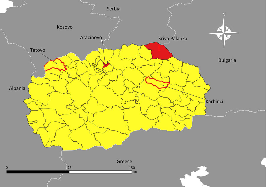 Locations of Crimean-Congo hemorrhagic fever cases in North Macedonia. Red shading indicates municipalities where cases emerged in April–May 2024; red outlines indicate municipalities where previous cases occurred (cases of 1970 and 2023). Shapefile for mapping North Macedonia at district and municipality levels available through GADM Database of Global Administrative Areas version 2.8 (https://gadm.org). Map generated by using QGIS version 3.12 (https://www.qgis.org). 