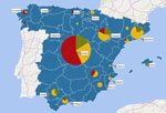 Geographic distribution of nontuberculous mycobacterial lymphadenitis cases in Spain. The pie charts show the species in each region: yellow, Mycobacterium avium complex; red, Mycobacterium lentiflavum; green, all other species. The size of each pie chart is proportional to the number of cases reported in the respective region.