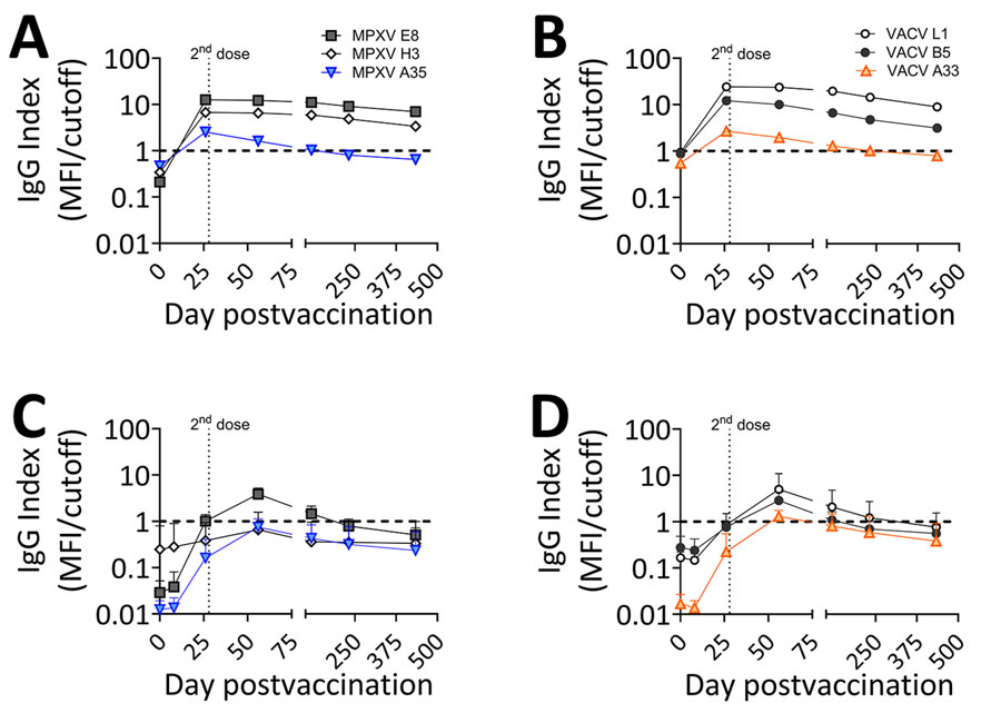 IgG reactivity to orthopoxvirus antigens in JYNNEOS vaccinees with and without prior smallpox vaccination in a study to assess neutralizing antibody responses to MPXV in smallpox vaccine–naive persons after JYNNEOS vaccination. We analyzed serum specimens from 8 JYNNEOS vaccine recipients for IgG reactivity to recombinant protein antigens derived from MPXV or VACV by using multiplex microsphere immunoassay. One donor who received ACAM2000 vaccine before JYNNEOS vaccine is shown separately in panels A and B. Means of 7 persons who had no prior smallpox vaccination are shown in panels C and D. We plotted mean index values (MFI/cutoff) of MPXV E8 (gray squares), MPXV A35 (blue triangles), and MPXV H3 (white diamonds) for days 0, 8, 26, 56, 118, 231, and 434 postvaccination (panels A, C). We plotted mean index values (MFI/cutoff) of VACV L1 (white circles), VACV A33 (orange triangles), and VACV B5 (gray circles) for days 0, 8, 26, 56, 118, 231, and 434 postvaccination (panels B, D). The horizontal black dashed line at y = 1.0 indicates the cutoff value. The vertical dotted line indicates the second dose of vaccine at day 28 postvaccination. MFI, mean fluorescence intensity; MPXV, monkeypox virus; VACV, vaccinia virus.