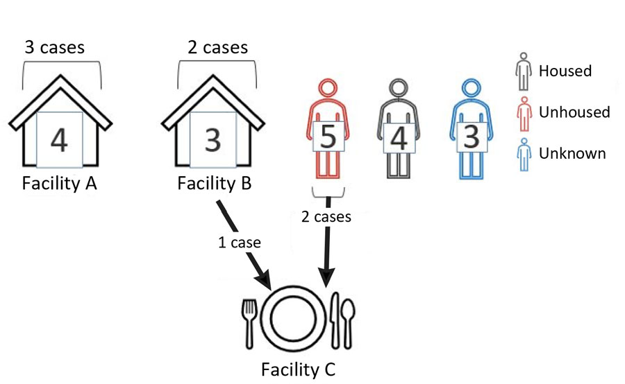 Diagram showing the number of cases from linked facilities, the housing status of patients, and the linkage between cases in Shigella sonnei case investigation with known linkages, California, USA, 2023–2024.