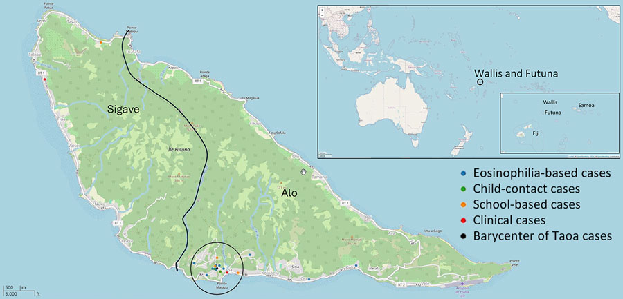 Geolocation of lymphatic filariasis cases detected in Futuna during October 2023–June 2024 and barycenter of Taoa cases. Kingdoms of Alo and Sigave are indicated. Inset maps show location of Wallis and Futuna in South Pacific.